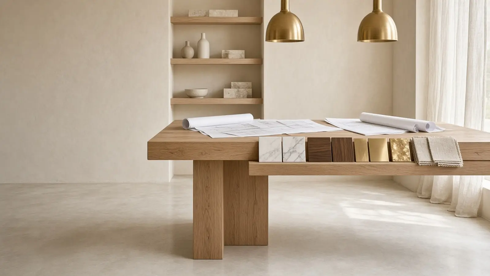 Light design studio with an oak worktable of architectural drawings, marble, walnut and brass samples under brass pendant lights
