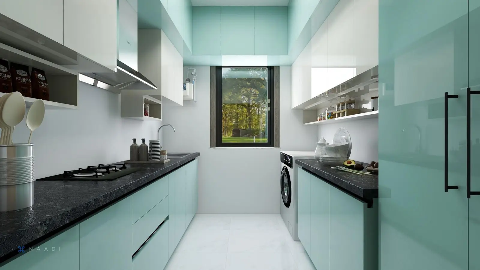 Galley kitchen with sea-glass teal tall units, black granite counter and integrated washing machine