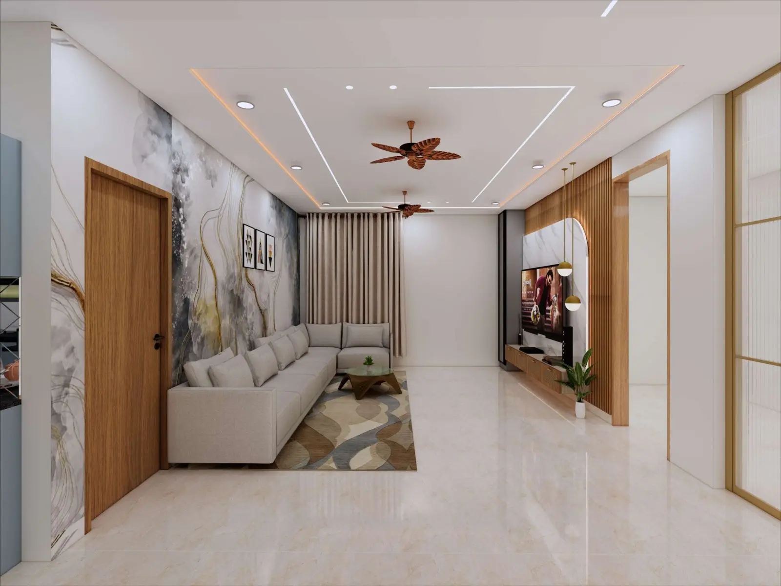 Living hall feature wall with cove-lit ceiling