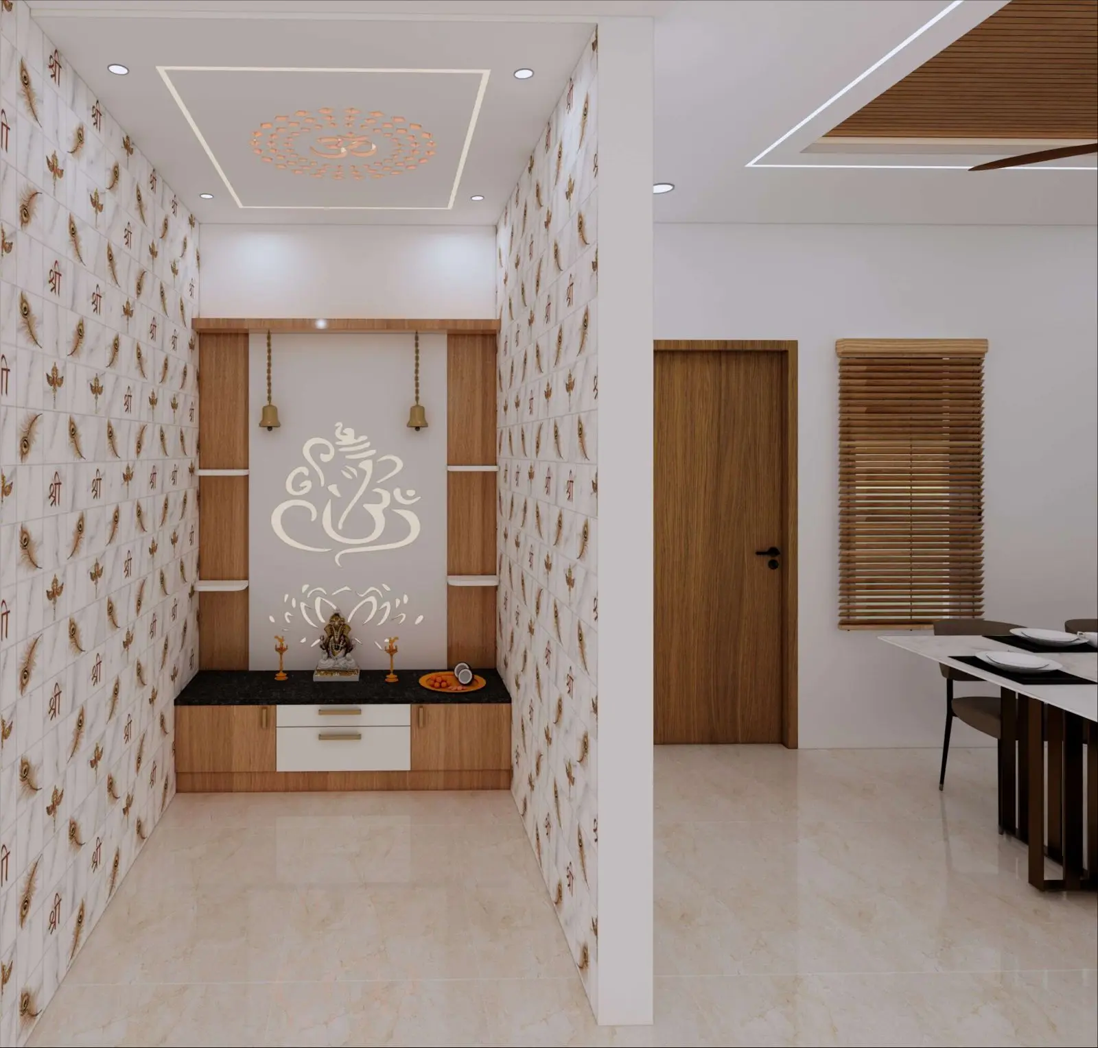 Pooja unit with backlit panel and brass bells