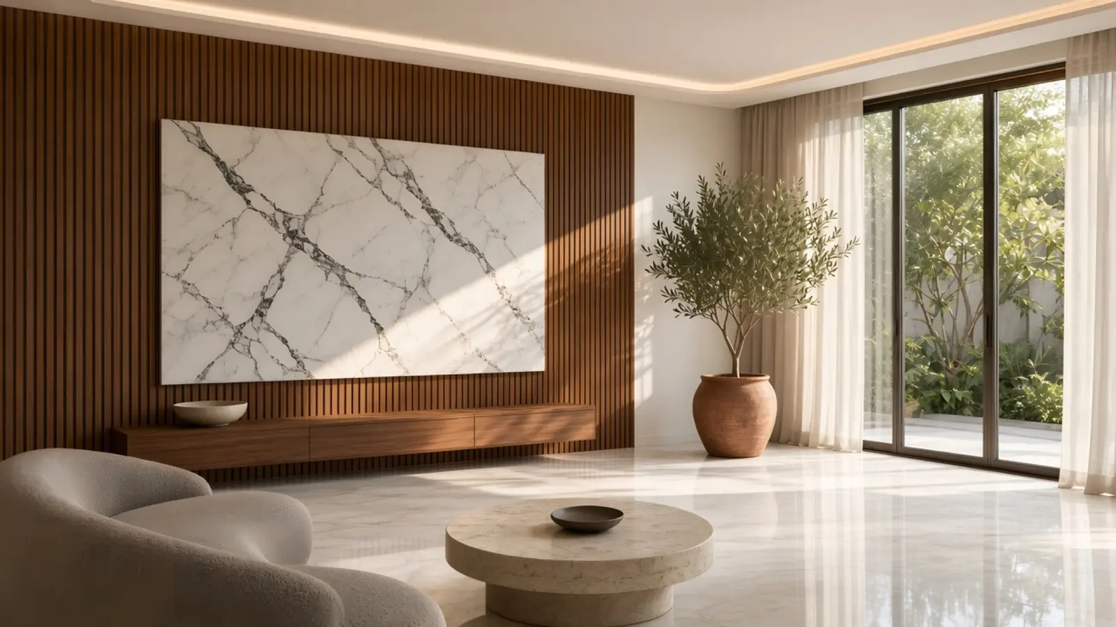 A finished living room with a fluted walnut wall and book-matched marble