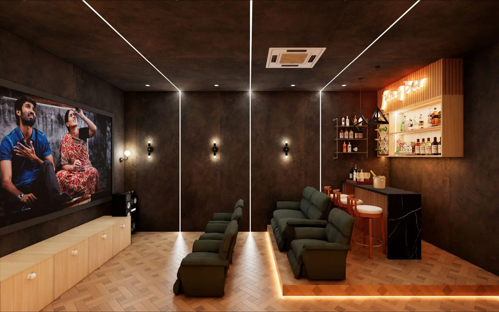 Home theatre with recliners, parquet floor and bar counter
